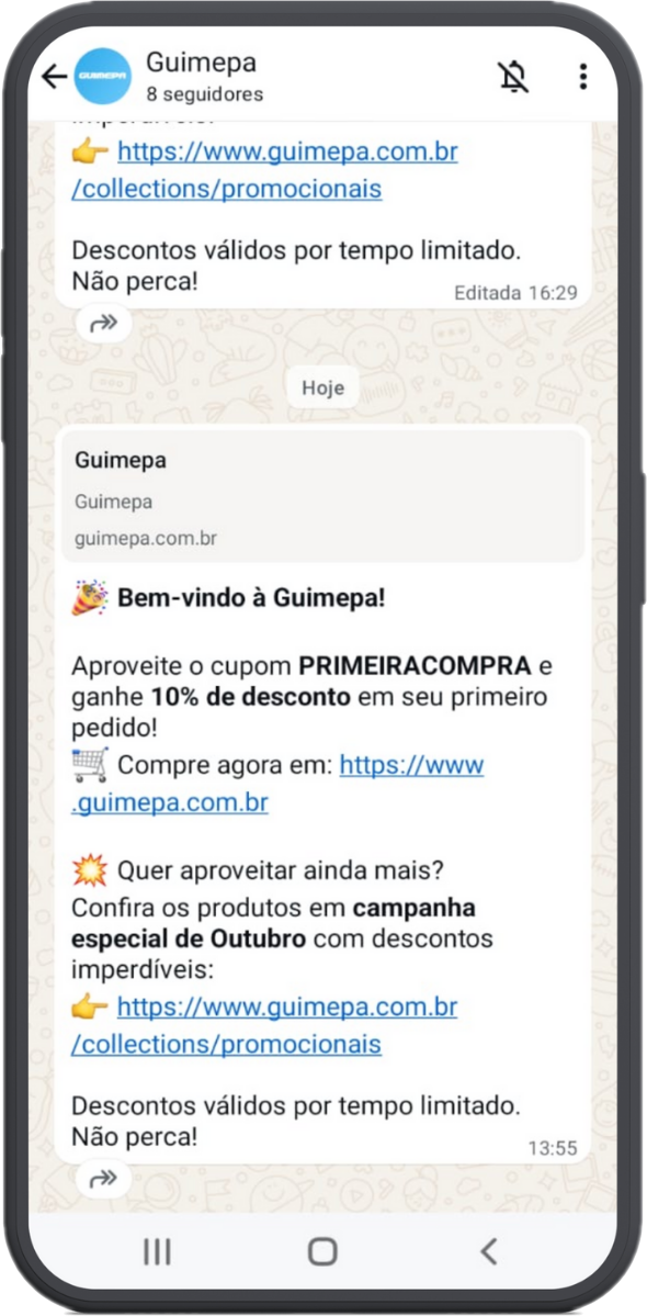 Exemplo de mensagem de oferta no canal do WhatsApp da Guimepa